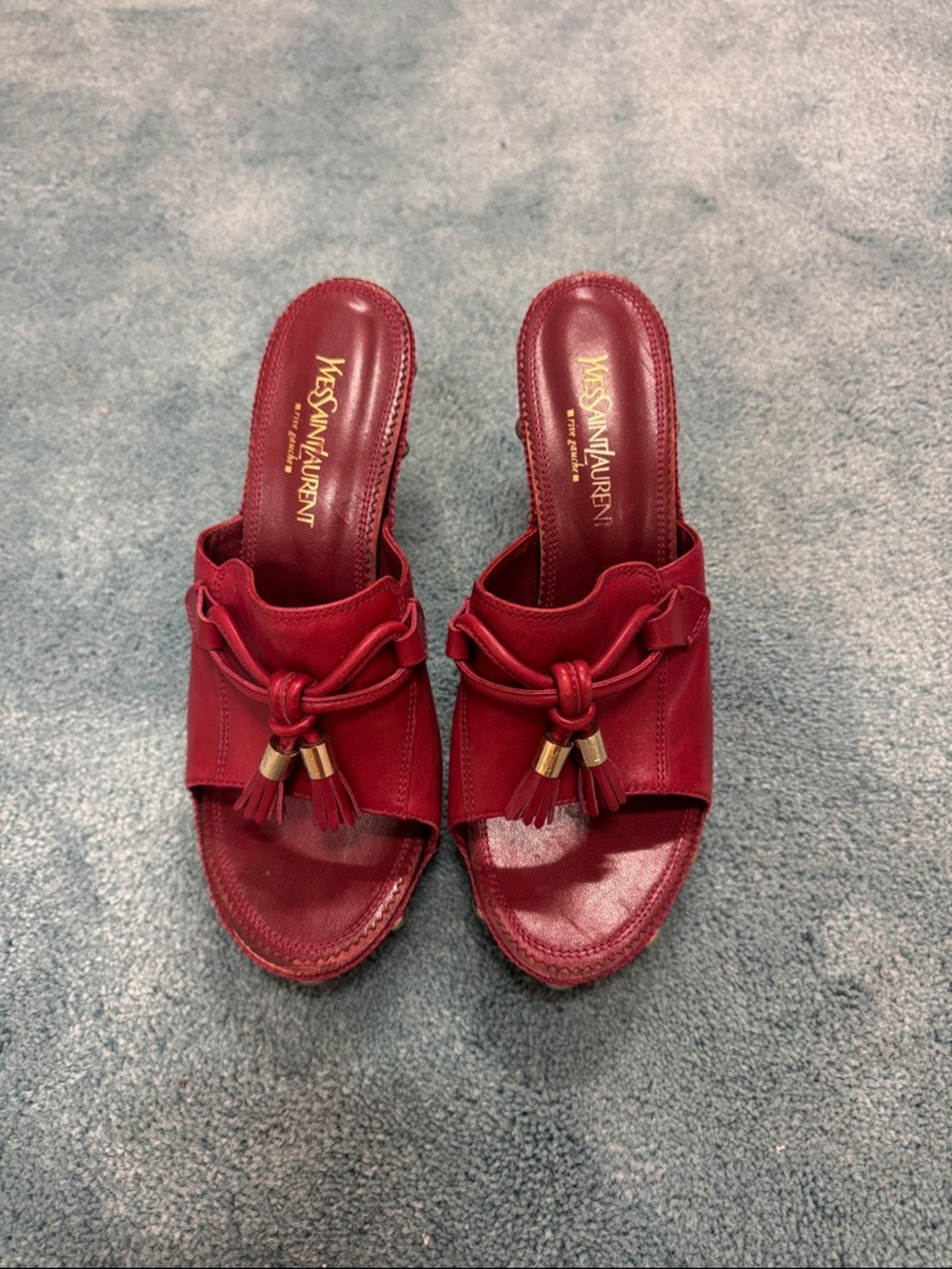 Yves Saint Laurent Burgundy Leather Tassel Slide Mules